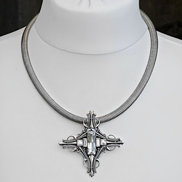 Ermani Bulatti Crystal Cross Pendant Omega Chain circa 1980s