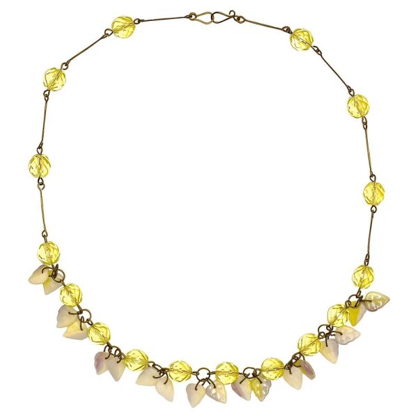 Art Deco Czech Citrine Glass Necklace with Glass Leaves