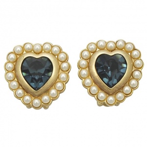 Gold Plated Blue Heart and Faux Pearl Clip On Earrings
