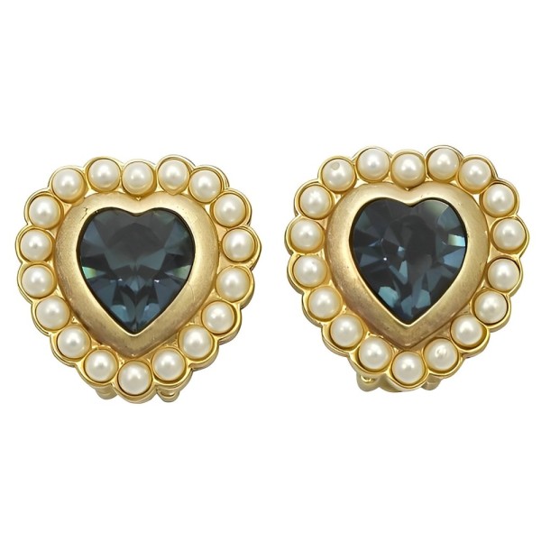 Gold Plated Blue Heart and Faux Pearl Clip On Earrings