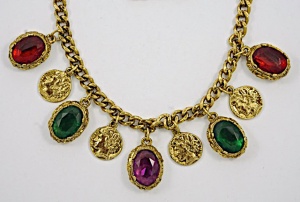 Gold Plated Necklace Glass Jewel and Coin Drops circa 1980s