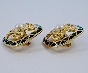 Faux Pearl Green and Blue Enamel Clip On Earrings circa 1980s