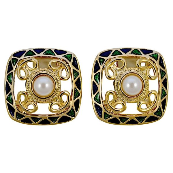 Faux Pearl Green and Blue Enamel Clip On Earrings circa 1980s