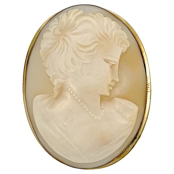 Gold Plated Large Oval Carved Lady Shell Cameo Brooch Pendant