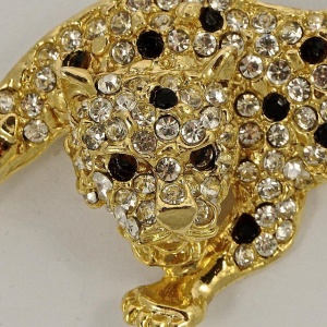 Gold Plated Leopard Brooch with Rhinestones circa 1980s