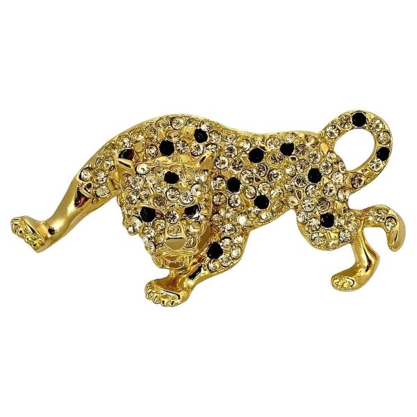 Gold Plated Leopard Brooch with Rhinestones circa 1980s