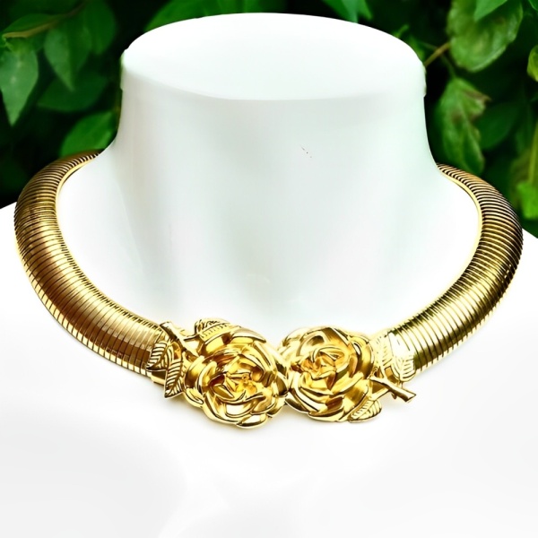 Gold Plated Omega Collar Necklace with Rose Flowers circa 1970s