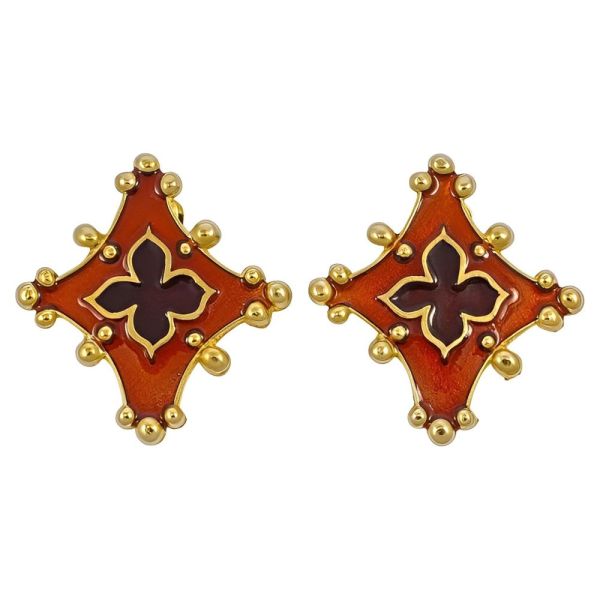 Gold Plated and Bronze Enamel Cross Clip On Earrings circa 1980s