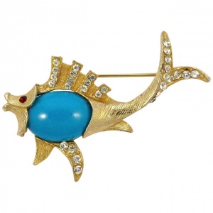Gold Plated Blue Belly Fish Brooch with Clear and Red Diamantes