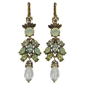Gold Tone Antique Finish Chandelier Earrings Green Rhinestones