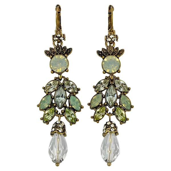 Gold Tone Antique Finish Chandelier Earrings Green Rhinestones