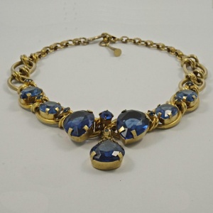 Gold Tone Blue Tear Drop Necklace circa 1950s