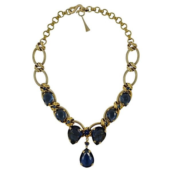Gold Tone Blue Tear Drop Necklace circa 1950s