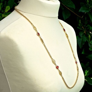 Gold Plated Bezel Set Red Glass Belcher Chain Necklace circa 1980s