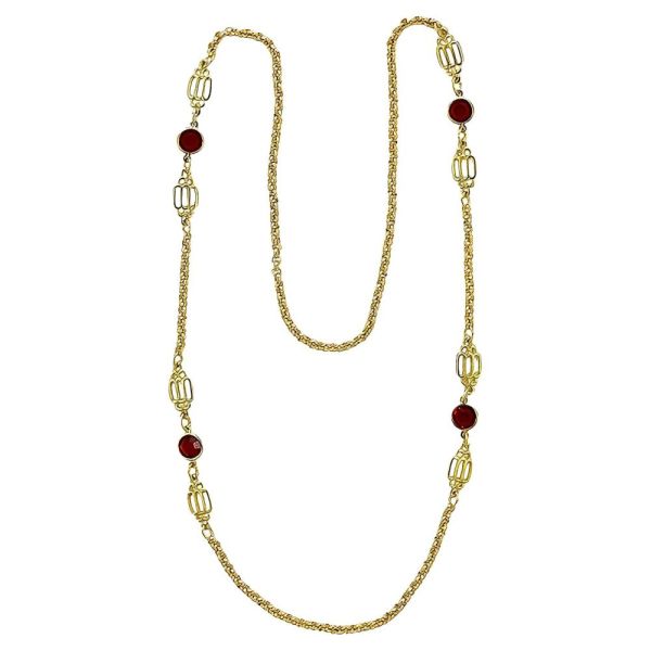 Gold Plated Bezel Set Red Glass Belcher Chain Necklace circa 1980s