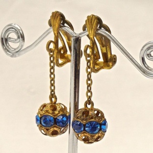 Art Deco Gold Plated Drop Filigree Blue Paste Clip On Earrings