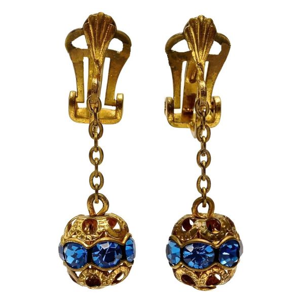 Art Deco Gold Plated Drop Filigree Blue Paste Clip On Earrings