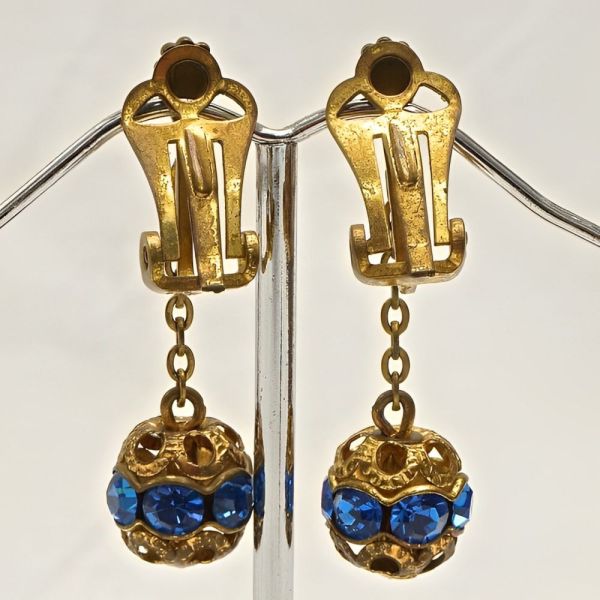 Art Deco Gold Plated Drop Filigree Blue Paste Clip On Earrings