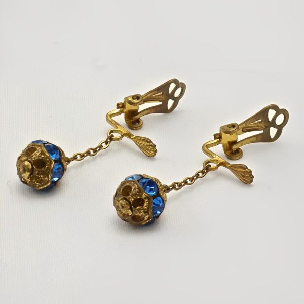 Art Deco Gold Plated Drop Filigree Blue Paste Clip On Earrings