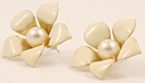 Cream Enamel and Pearl Flower Earrings circa 1980s