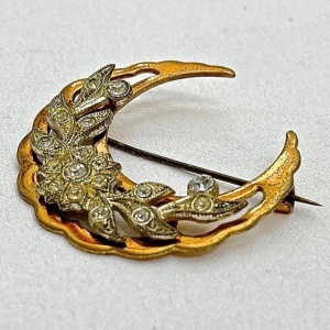 Antique Crescent Moon Floral Design Brooch with Paste Stones