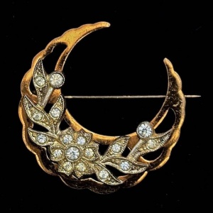 Antique Crescent Moon Floral Design Brooch with Paste Stones