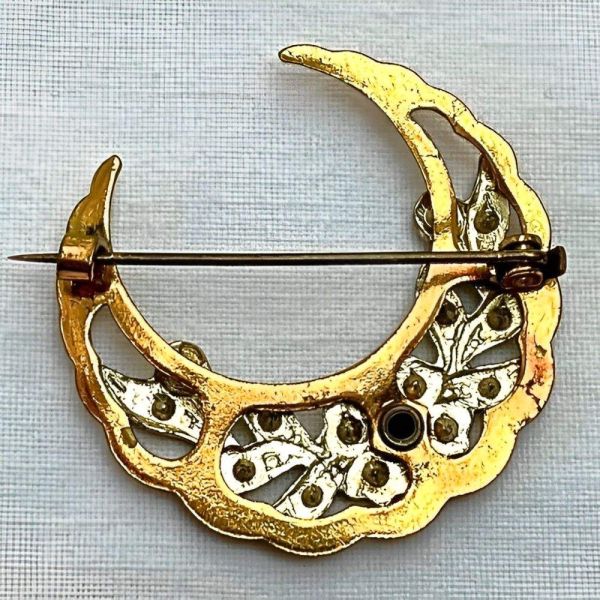 Antique Crescent Moon Floral Design Brooch with Paste Stones