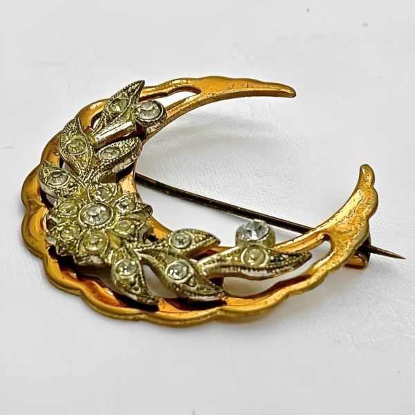 Antique Crescent Moon Floral Design Brooch with Paste Stones