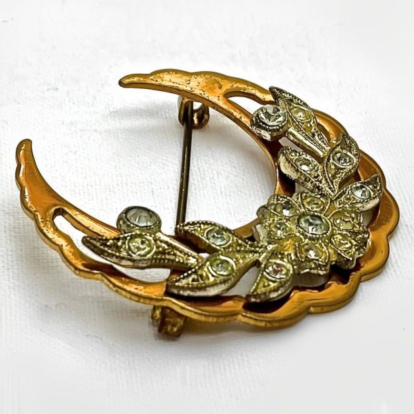 Antique Crescent Moon Floral Design Brooch with Paste Stones