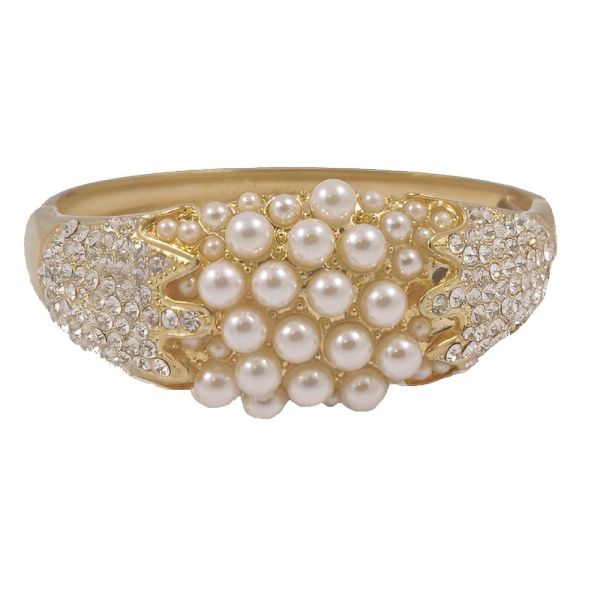 Gold Plated White Faux Pearl and Diamante Bangle circa 1980s