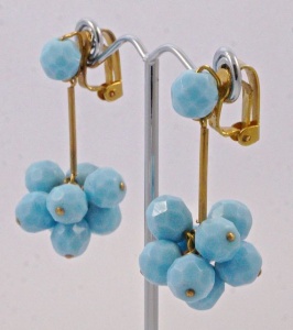 Copper Tone Light Blue Faceted Glass Ball Clip On Drop Earrings