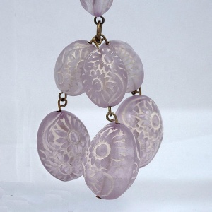 Lilac and White Etched Glass Clip on Drop Earrings circa 1960s