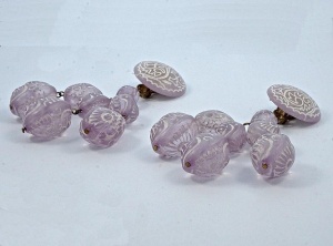 Lilac and White Etched Glass Clip on Drop Earrings circa 1960s