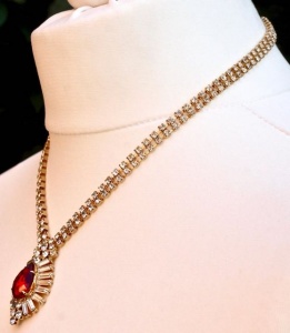 Gold Tone Pendant Necklace with  Red Teardrop circa 1980s