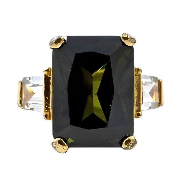 Gold Plated and Olive Green Glass Statement Ring circa 1980s