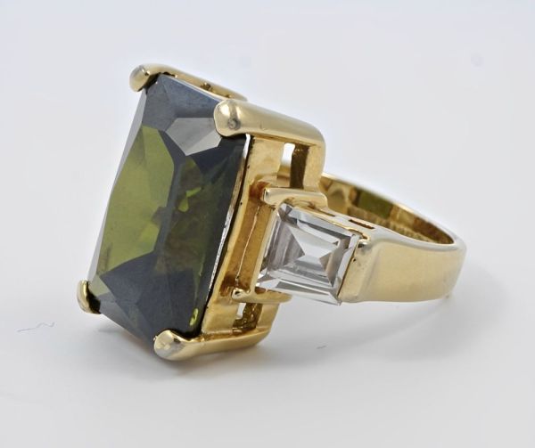 Gold Plated and Olive Green Glass Statement Ring circa 1980s