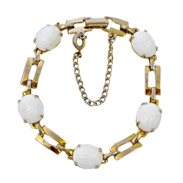 Gold Plated Milk Glass Scarab Link Bracelet circa 1950s