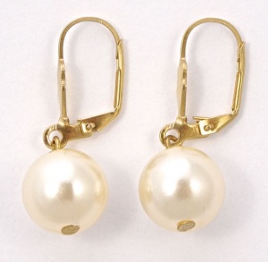 Gold Tone and Cream Faux Pearl Ball Drop Leverback Earrings