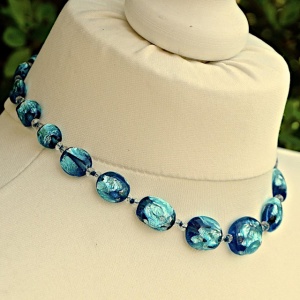 Graduated Blue Foil Glass Bead Necklace with a Silver Clasp