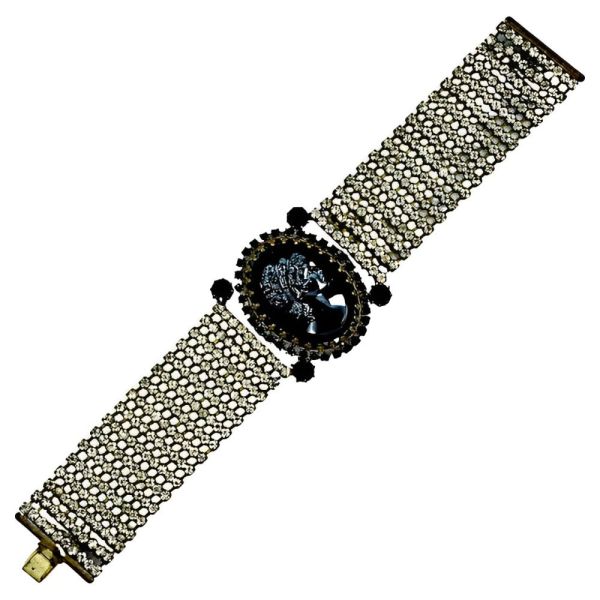Haematite and Black Glass Cameo Bracelet Clear Rhinestones