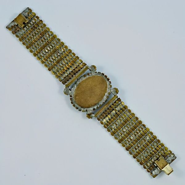 Haematite and Black Glass Cameo Bracelet Clear Rhinestones