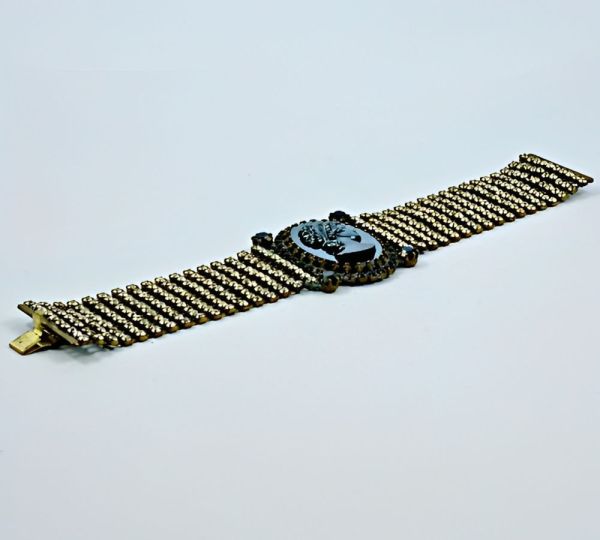 Haematite and Black Glass Cameo Bracelet Clear Rhinestones