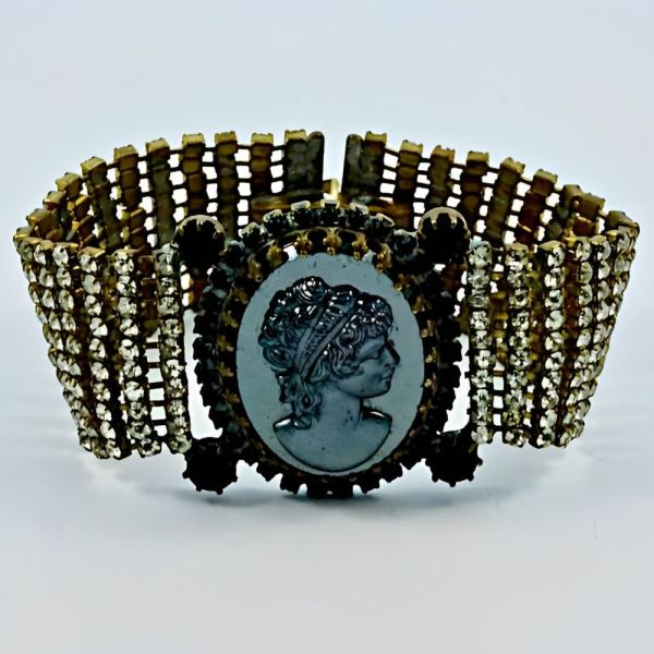 Haematite and Black Glass Cameo Bracelet Clear Rhinestones