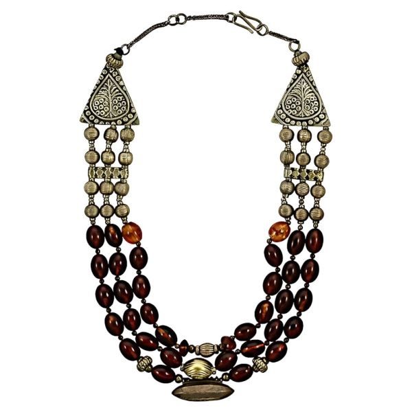 Silver Tone and Triple Strand Polished Cognac Amber Bead Necklace