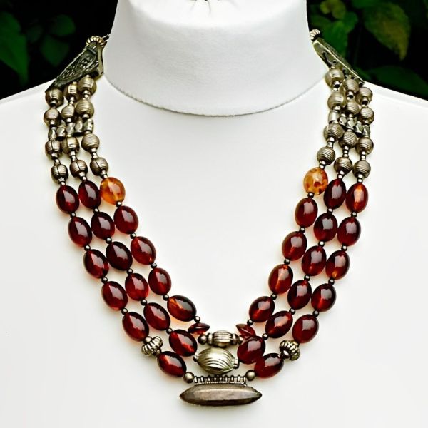 Silver Tone and Triple Strand Polished Cognac Amber Bead Necklace