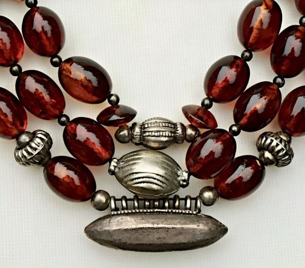 Silver Tone and Triple Strand Polished Cognac Amber Bead Necklace