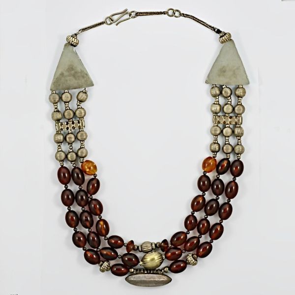 Silver Tone and Triple Strand Polished Cognac Amber Bead Necklace