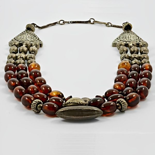 Silver Tone and Triple Strand Polished Cognac Amber Bead Necklace