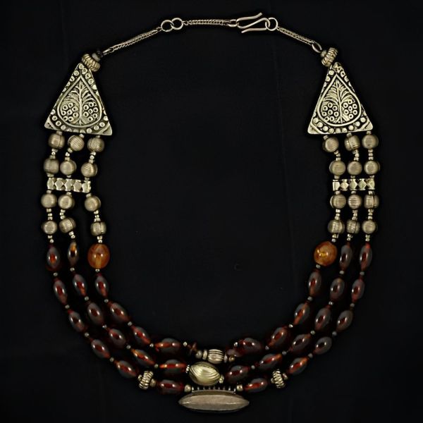 Silver Tone and Triple Strand Polished Cognac Amber Bead Necklace