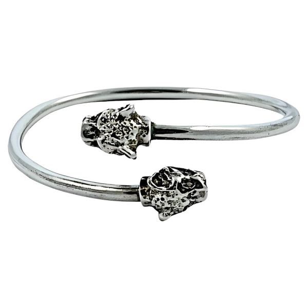 Heavy Silver Leopard Heads Bangle Bracelet